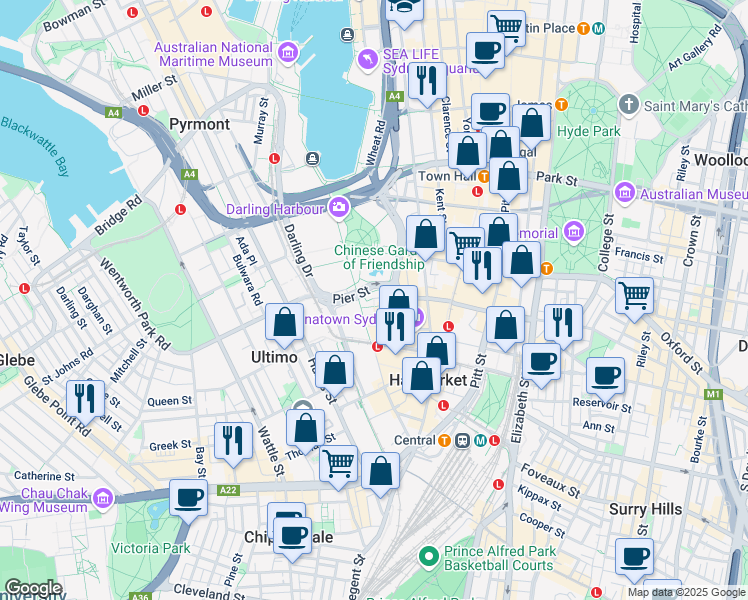 map of restaurants, bars, coffee shops, grocery stores, and more near 20 Dixon Street in Sydney