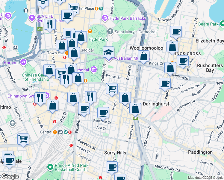 map of restaurants, bars, coffee shops, grocery stores, and more near 18-32 Oxford Street in Darlinghurst