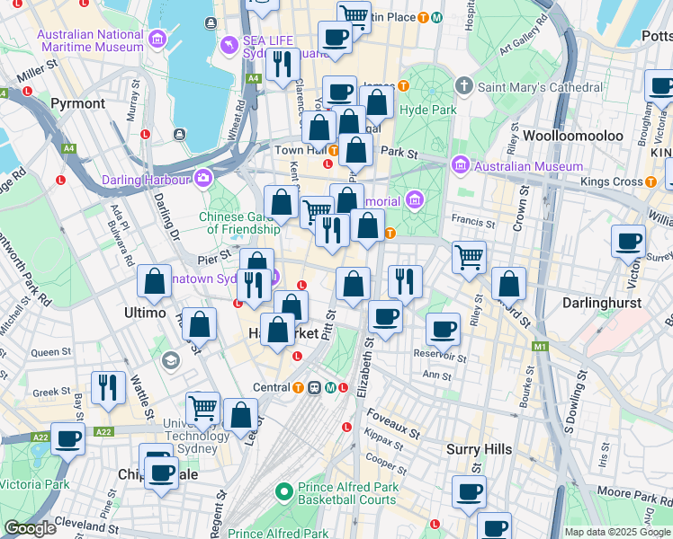map of restaurants, bars, coffee shops, grocery stores, and more near 644 George Street in Sydney