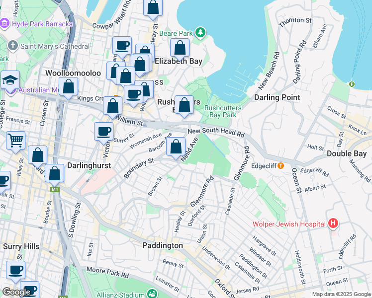 map of restaurants, bars, coffee shops, grocery stores, and more near 12 Neild Avenue in Darlinghurst