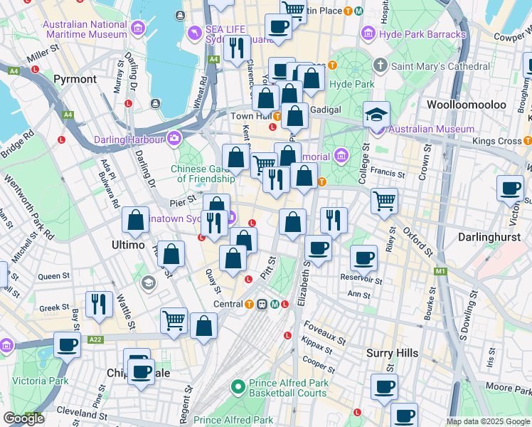 map of restaurants, bars, coffee shops, grocery stores, and more near 59-69 Goulburn Street in Haymarket