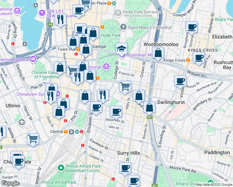 map of restaurants, bars, coffee shops, grocery stores, and more near 1 Poplar Street in Surry Hills