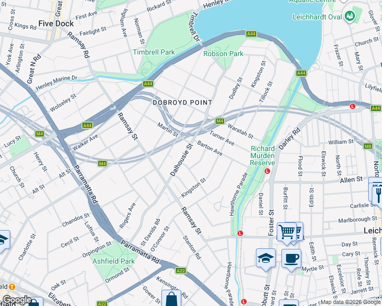 map of restaurants, bars, coffee shops, grocery stores, and more near 103 Dalhousie Street in Haberfield