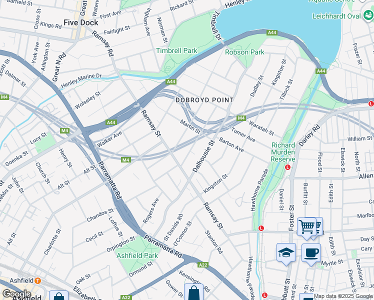 map of restaurants, bars, coffee shops, grocery stores, and more near 18 Rawson Street in Haberfield