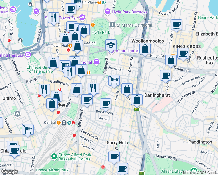 map of restaurants, bars, coffee shops, grocery stores, and more near Poplar Street in Surry Hills
