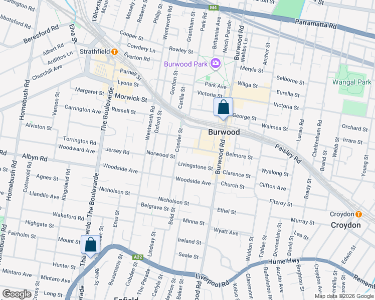 map of restaurants, bars, coffee shops, grocery stores, and more near 50 Belmore Street in Burwood