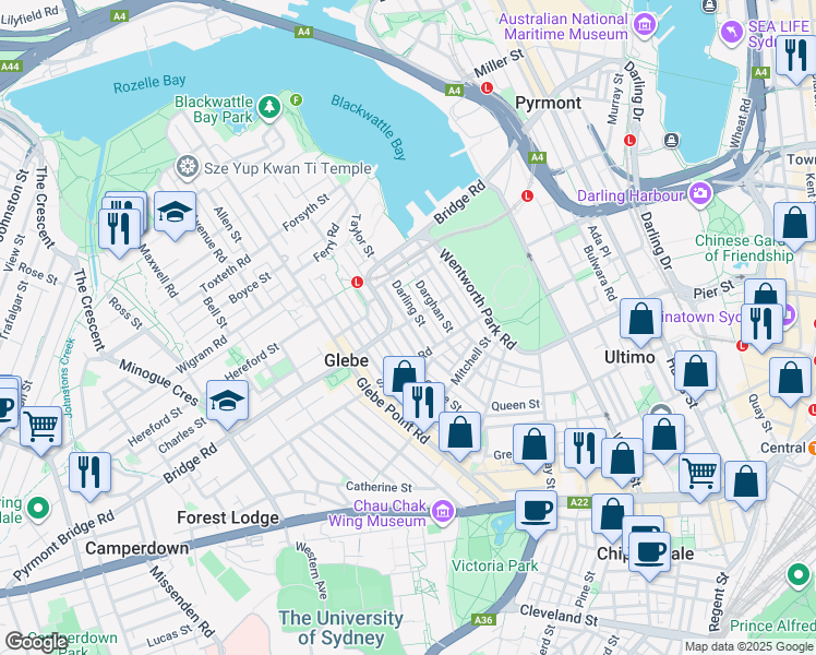 map of restaurants, bars, coffee shops, grocery stores, and more near 60 Broughton Street in Glebe