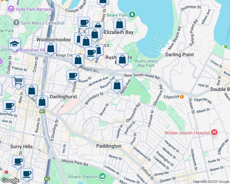 map of restaurants, bars, coffee shops, grocery stores, and more near 5-11 Boundary Street in Darlinghurst