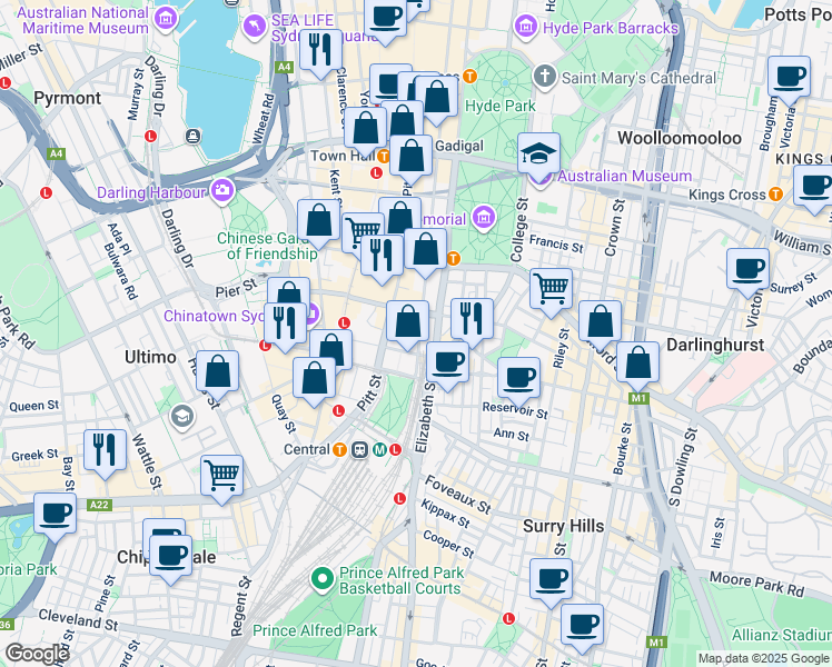 map of restaurants, bars, coffee shops, grocery stores, and more near 303 Castlereagh Street in Haymarket