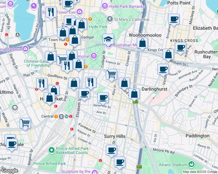 map of restaurants, bars, coffee shops, grocery stores, and more near 28 Pelican Street in Surry Hills