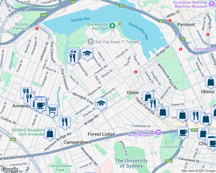map of restaurants, bars, coffee shops, grocery stores, and more near 4 Walsh Avenue in Glebe