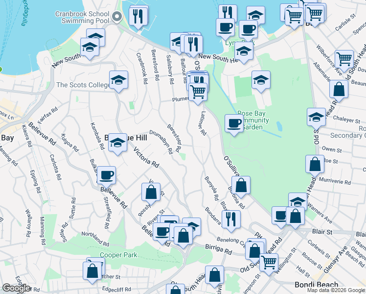 map of restaurants, bars, coffee shops, grocery stores, and more near 81 Beresford Road in Bellevue Hill