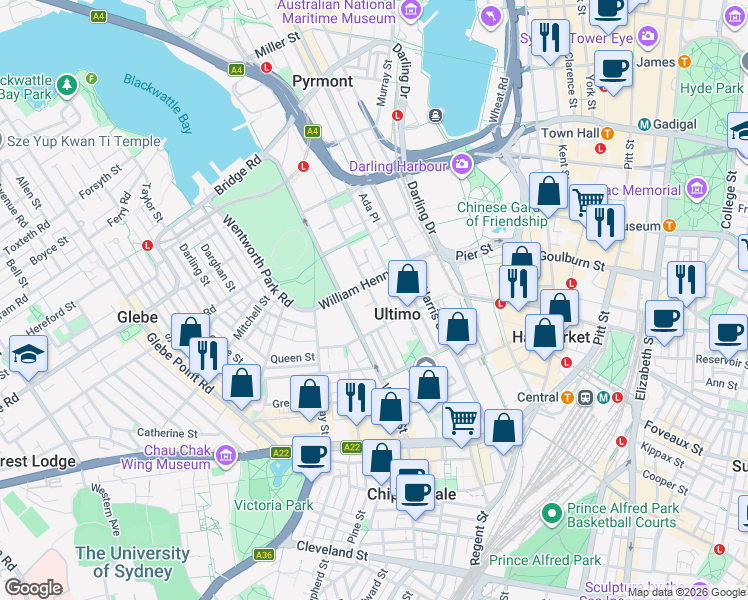 map of restaurants, bars, coffee shops, grocery stores, and more near Jones Street in Council of the City of Sydney