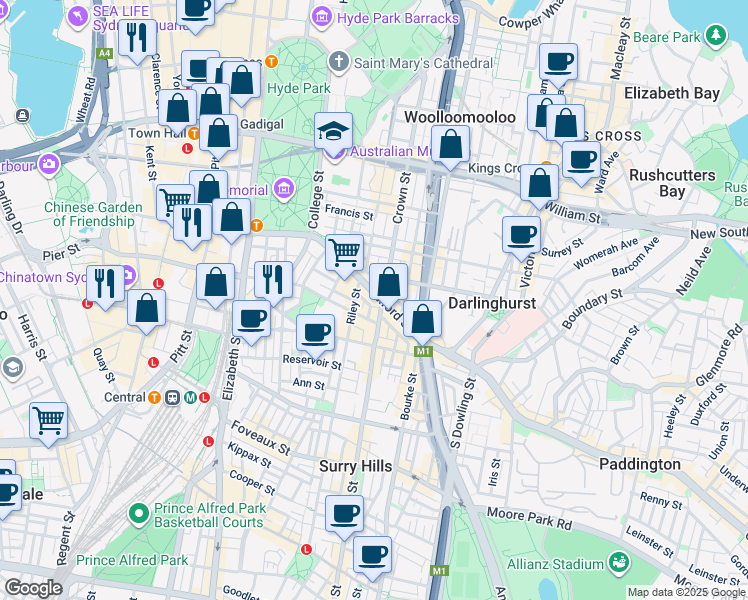 map of restaurants, bars, coffee shops, grocery stores, and more near 107 Oxford Street in Darlinghurst