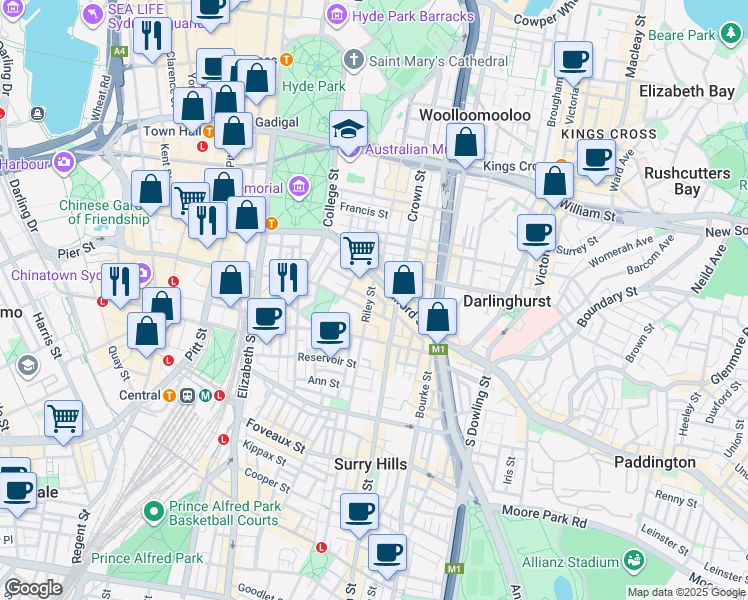 map of restaurants, bars, coffee shops, grocery stores, and more near 172 Riley Street in Darlinghurst