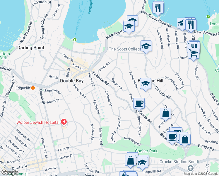 map of restaurants, bars, coffee shops, grocery stores, and more near 142C Bellevue Road in Bellevue Hill