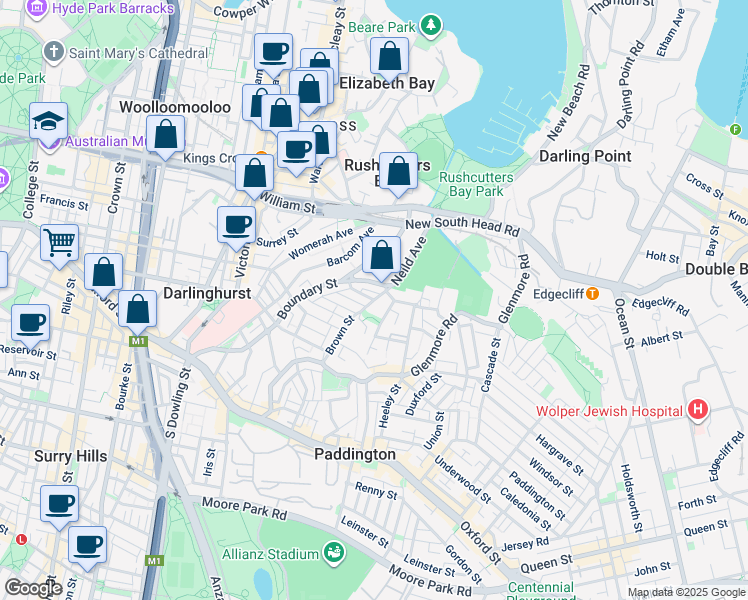 map of restaurants, bars, coffee shops, grocery stores, and more near Neild Avenue in Paddington