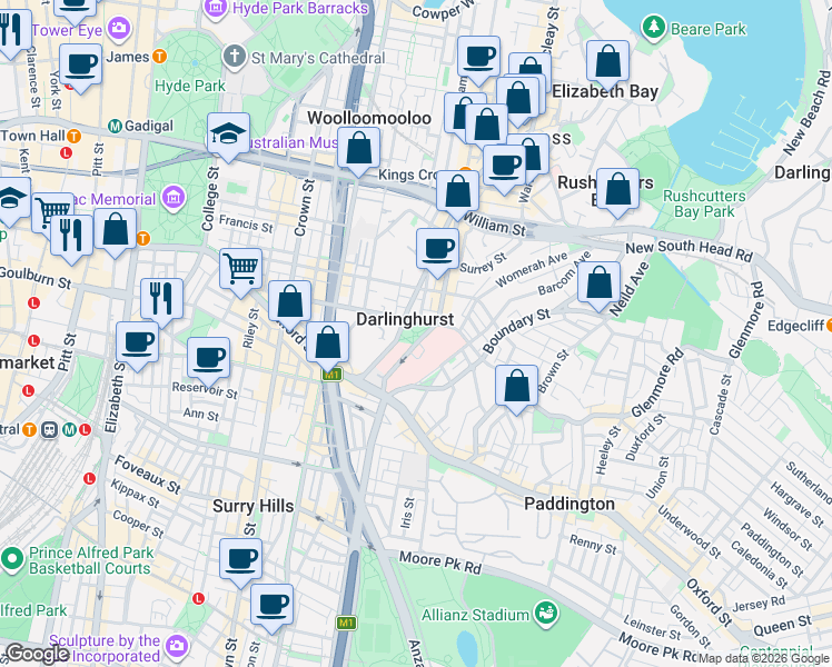 map of restaurants, bars, coffee shops, grocery stores, and more near 301 Victoria Street in Darlinghurst