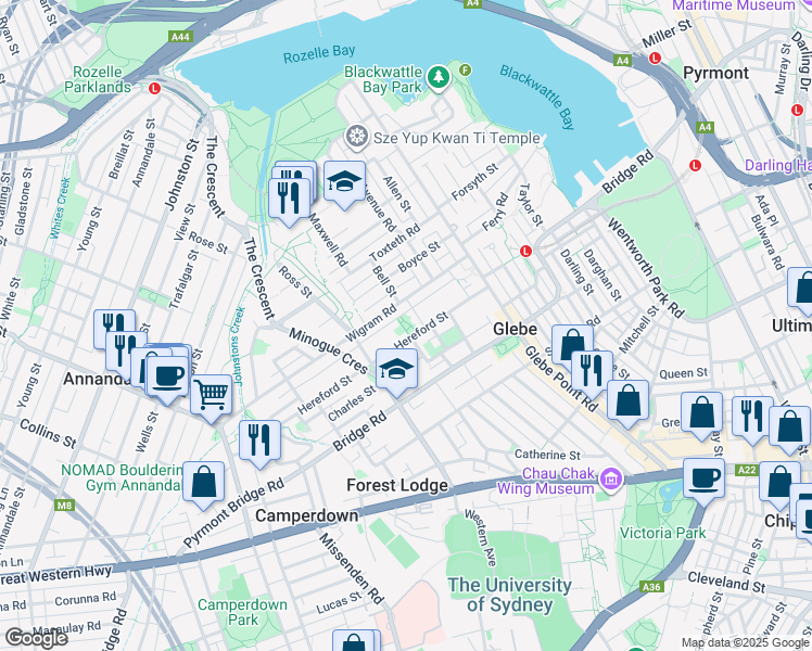map of restaurants, bars, coffee shops, grocery stores, and more near 57 Hereford Street in Glebe