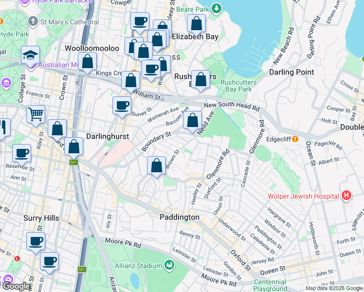map of restaurants, bars, coffee shops, grocery stores, and more near 1 Dillon Street in Paddington