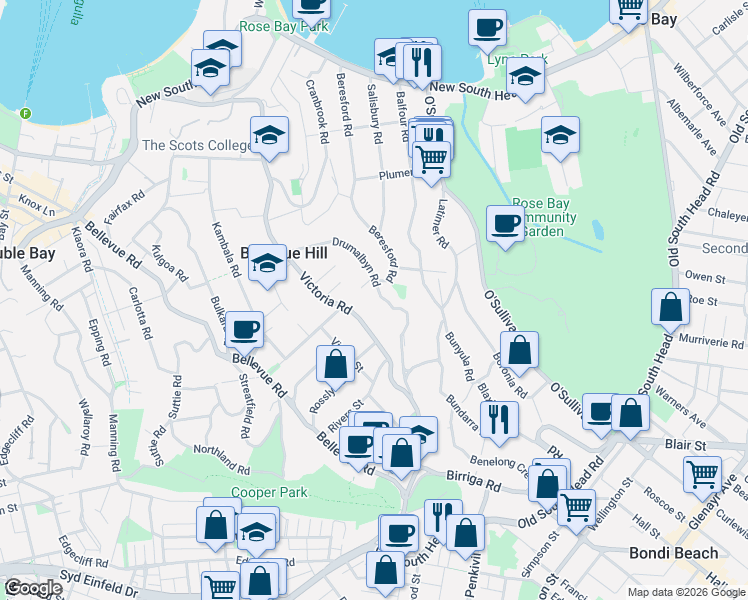map of restaurants, bars, coffee shops, grocery stores, and more near 59 Drumalbyn Road in Bellevue Hill