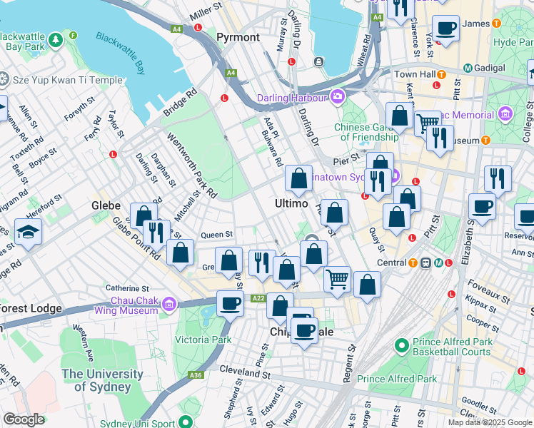 map of restaurants, bars, coffee shops, grocery stores, and more near 99 Jones Street in Ultimo