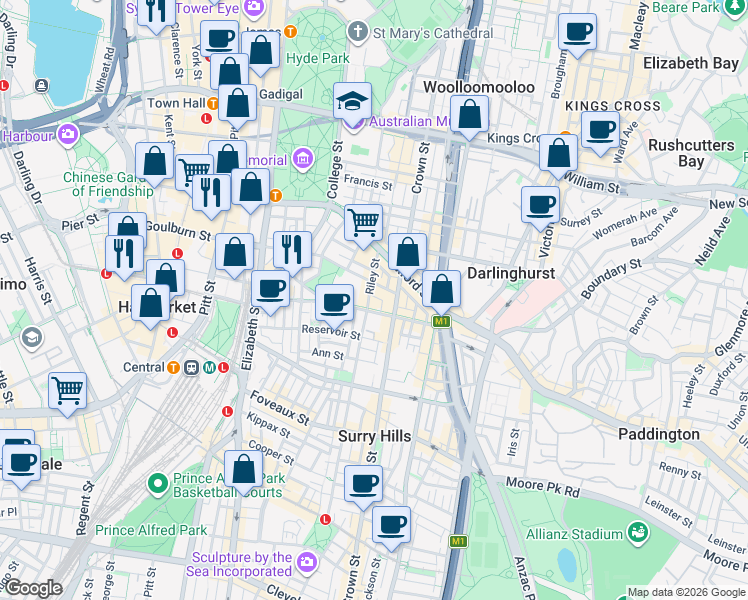 map of restaurants, bars, coffee shops, grocery stores, and more near 212 Riley Street in Surry Hills