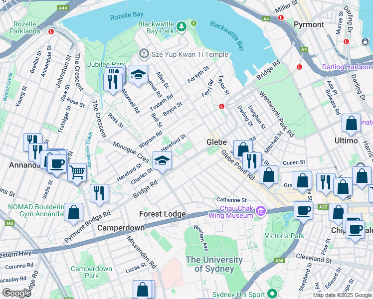 map of restaurants, bars, coffee shops, grocery stores, and more near 3 Woolley Street in Glebe