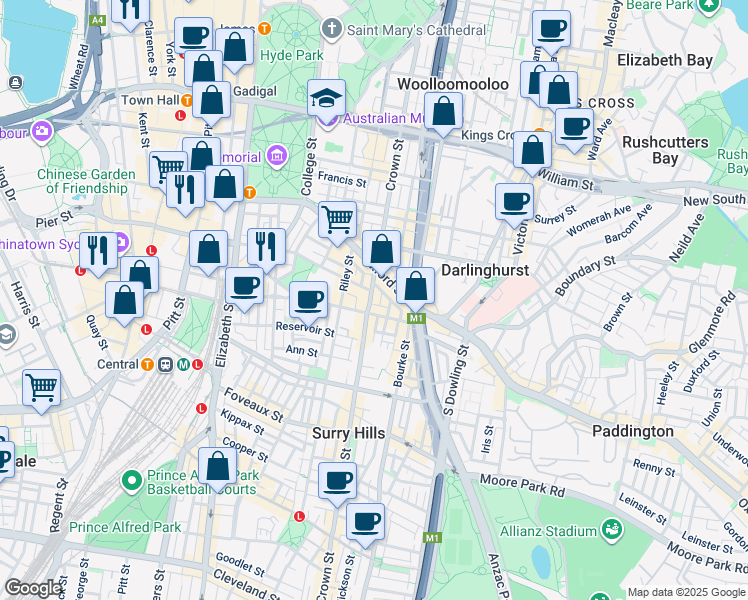 map of restaurants, bars, coffee shops, grocery stores, and more near 302 Crown Street in Darlinghurst