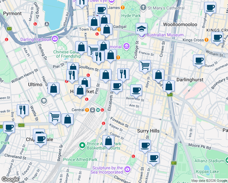 map of restaurants, bars, coffee shops, grocery stores, and more near 37 Foster Street in Surry Hills