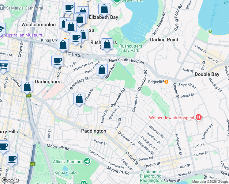 map of restaurants, bars, coffee shops, grocery stores, and more near 16 Hoddle Street in Paddington