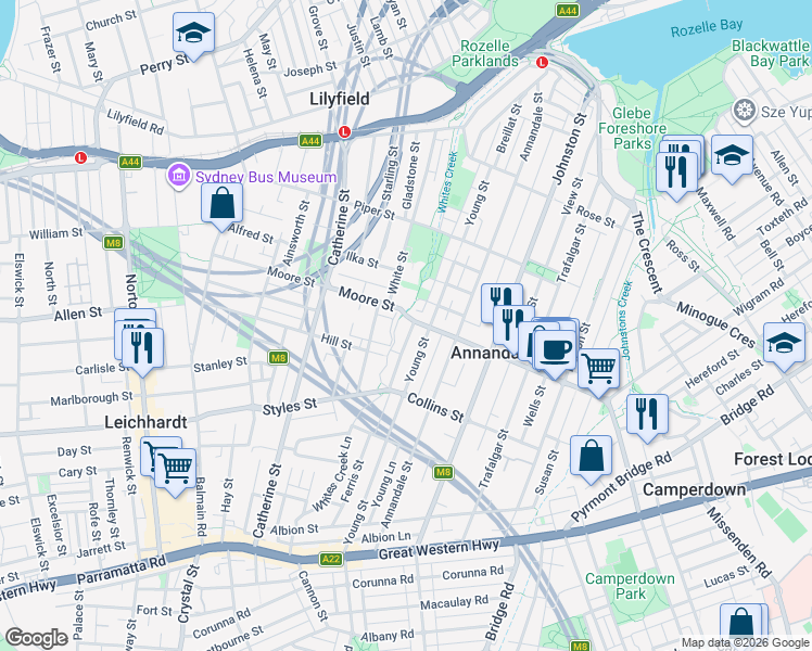 map of restaurants, bars, coffee shops, grocery stores, and more near 76A Alfred Street in Annandale