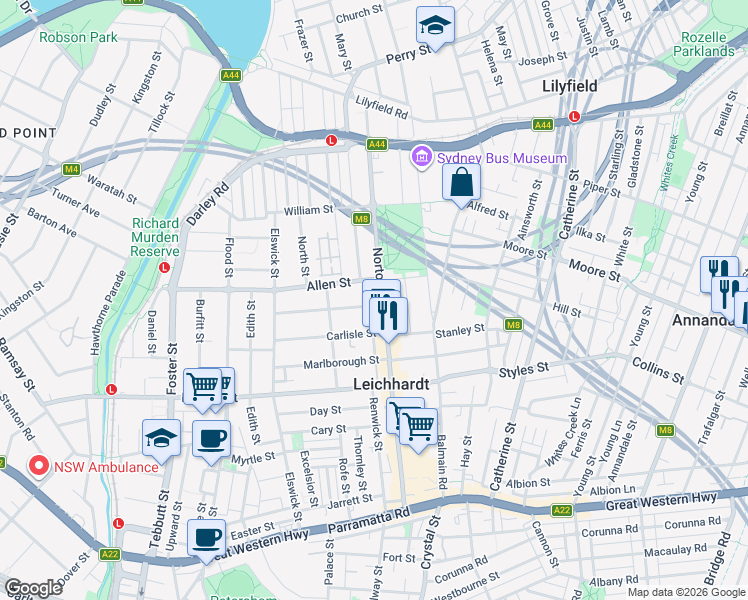 map of restaurants, bars, coffee shops, grocery stores, and more near 5 Macauley Street in Leichhardt