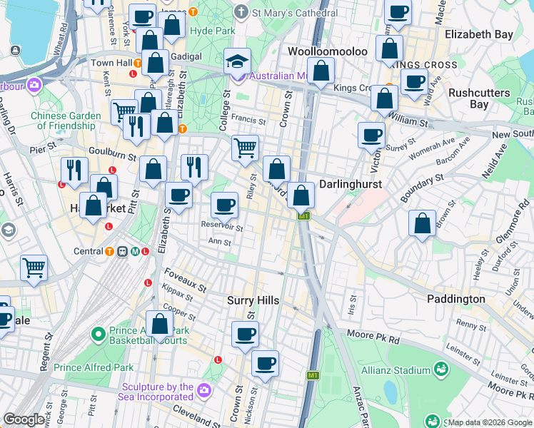 map of restaurants, bars, coffee shops, grocery stores, and more near 277 Crown Street in Darlinghurst