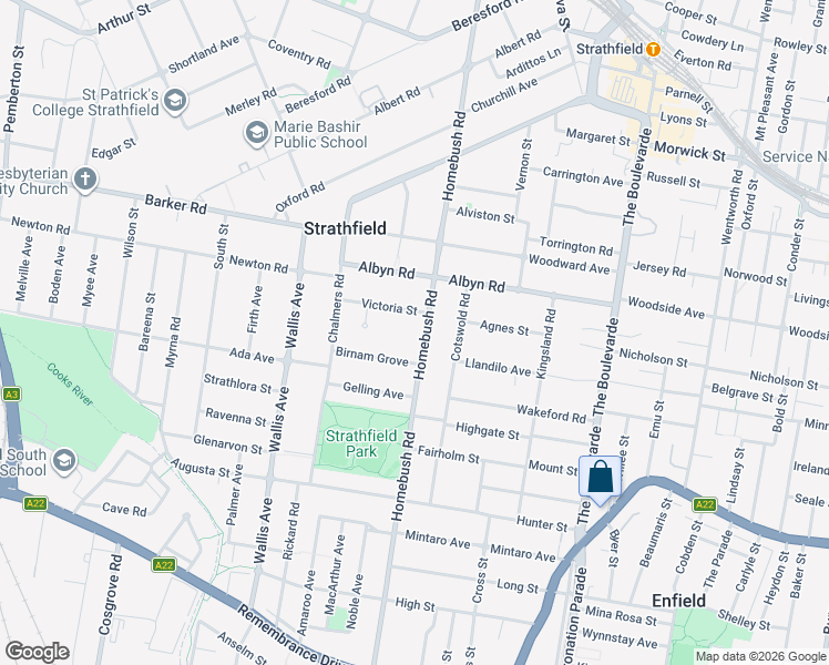 map of restaurants, bars, coffee shops, grocery stores, and more near 129 Homebush Road in Strathfield