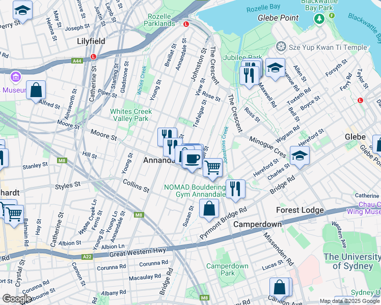 map of restaurants, bars, coffee shops, grocery stores, and more near 151 Trafalgar Street in Annandale