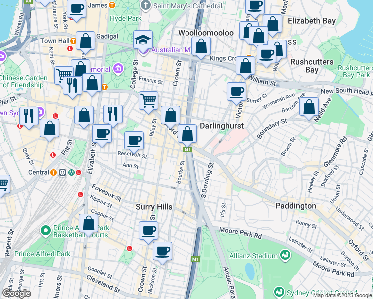 map of restaurants, bars, coffee shops, grocery stores, and more near 72 Edgecliff Road in Woollahra