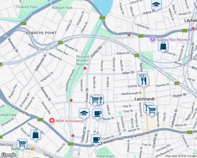 map of restaurants, bars, coffee shops, grocery stores, and more near 198 Flood Street in Leichhardt