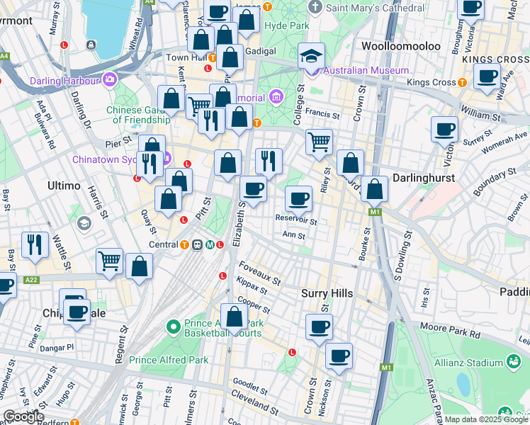 map of restaurants, bars, coffee shops, grocery stores, and more near 74 Reservoir Street in Surry Hills