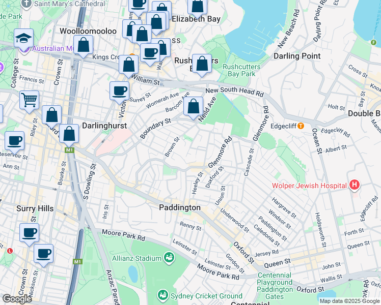 map of restaurants, bars, coffee shops, grocery stores, and more near 40 Stephen Street in Paddington