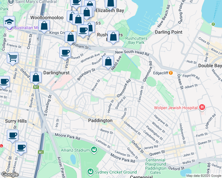 map of restaurants, bars, coffee shops, grocery stores, and more near 6 Bates Avenue in Paddington