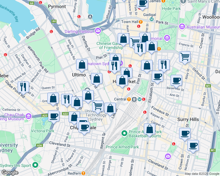 map of restaurants, bars, coffee shops, grocery stores, and more near 61 Quay Street in Haymarket