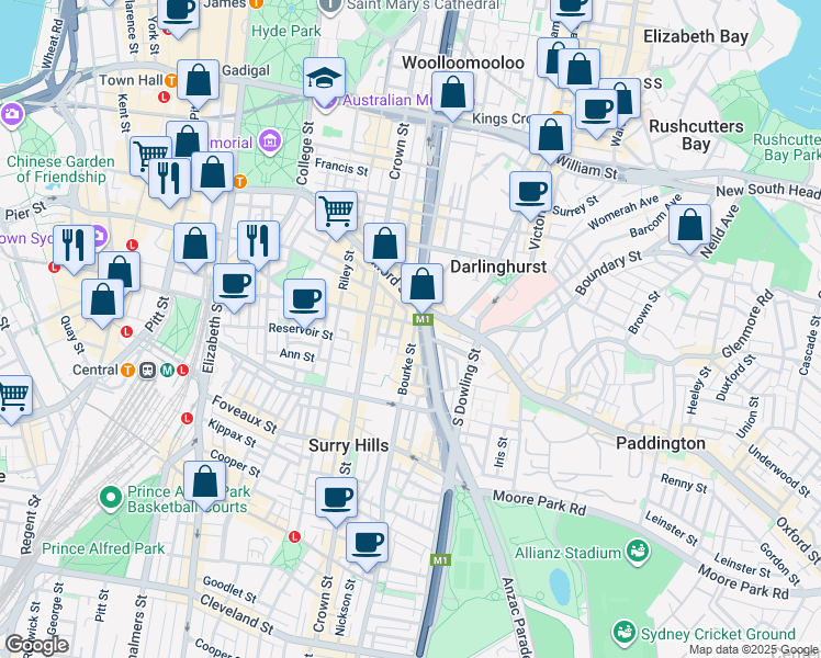 map of restaurants, bars, coffee shops, grocery stores, and more near 389 Bourke Street in Surry Hills