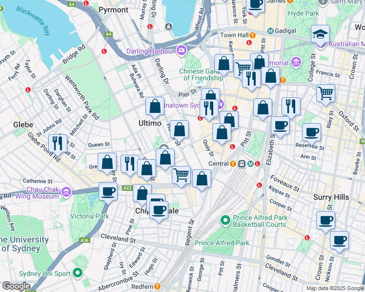 map of restaurants, bars, coffee shops, grocery stores, and more near 646 Harris Street in Ultimo