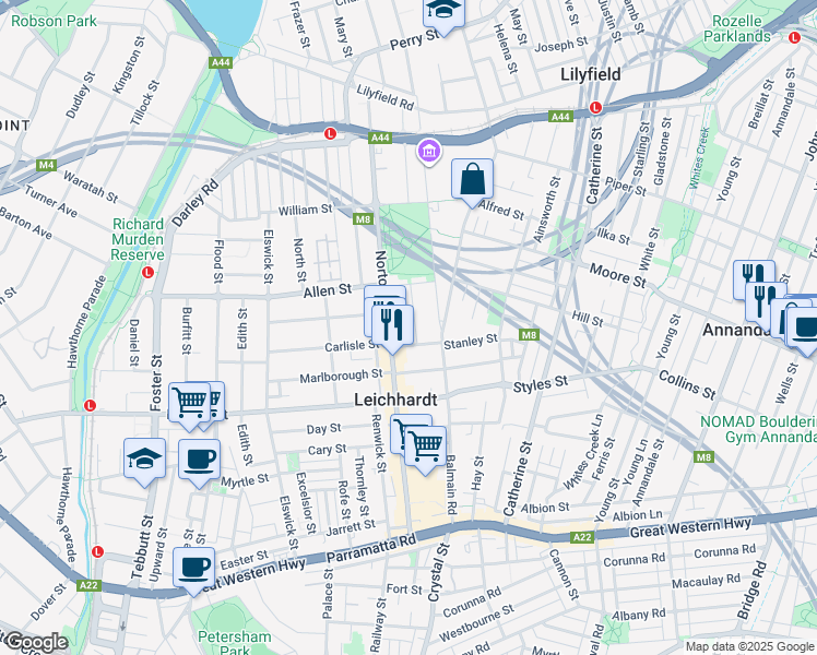 map of restaurants, bars, coffee shops, grocery stores, and more near 10 Arthur Street in Leichhardt
