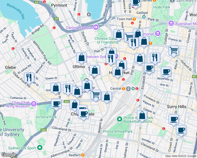 map of restaurants, bars, coffee shops, grocery stores, and more near 14 Ultimo Road in Ultimo