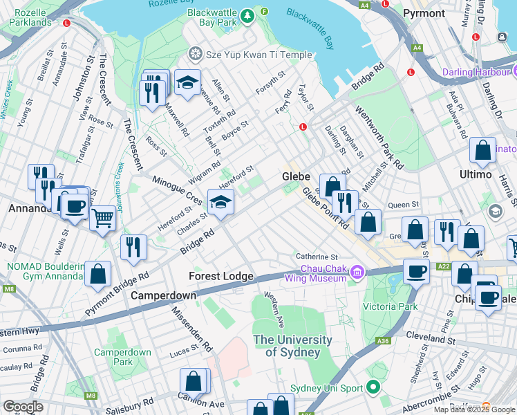 map of restaurants, bars, coffee shops, grocery stores, and more near 174 Bridge Road in Glebe
