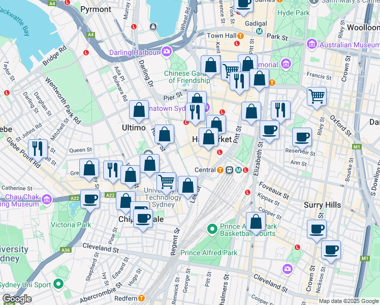 map of restaurants, bars, coffee shops, grocery stores, and more near 61 Quay Street in Haymarket