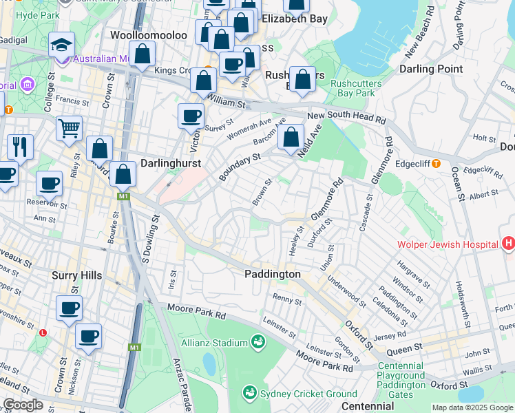 map of restaurants, bars, coffee shops, grocery stores, and more near 52 Brown Street in Paddington