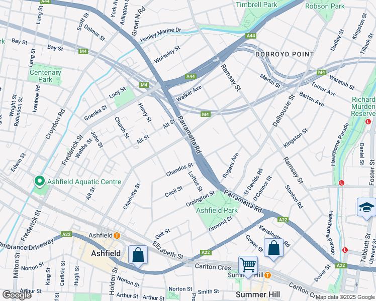 map of restaurants, bars, coffee shops, grocery stores, and more near 98 Chandos Street in Ashfield